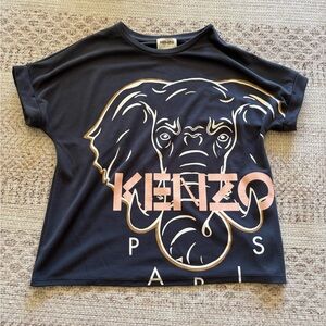Kenzo Kids Black Tee with Pink and Gold Elephant Graphic
